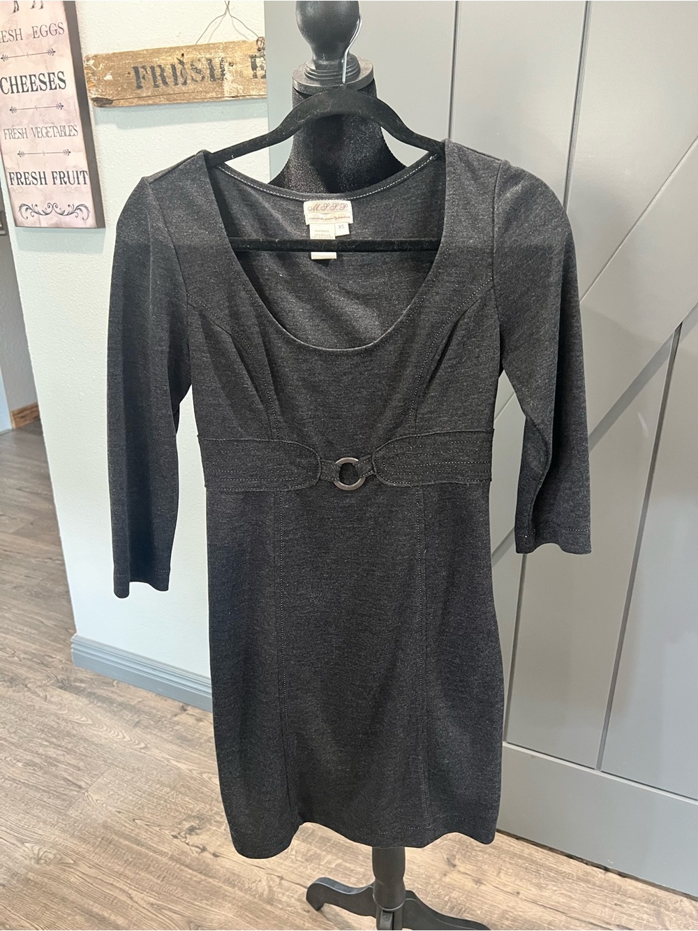 Classic Scoop Neck Long Sleeve Dress with Ring Detail - Charcoal